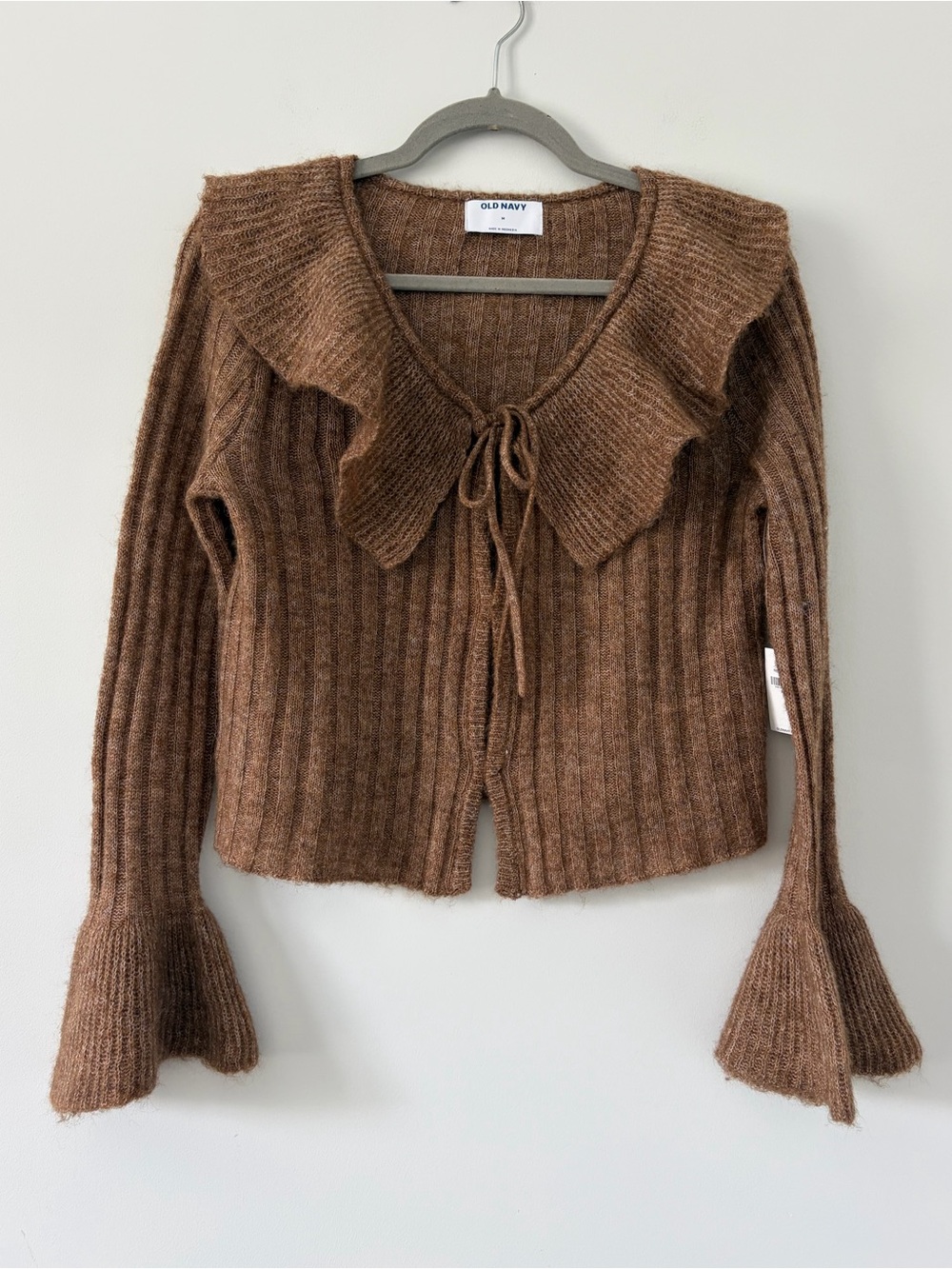 Old Navy Brown Wool Blend Ruffle Tie Front Bell Sleeve Cropped Knit Cardigan NWT